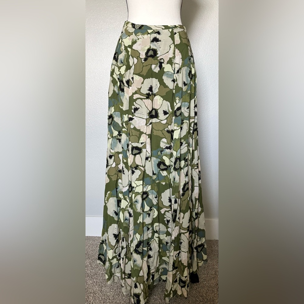 Free People Olive Green Floral A-Line Maxi Skirt with Cream Blooms - Picture 5 of 6
